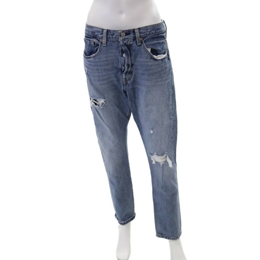 Levis Womens Button Fly High Rise Distressed Straight Leg Jeans Blue Size 30x28